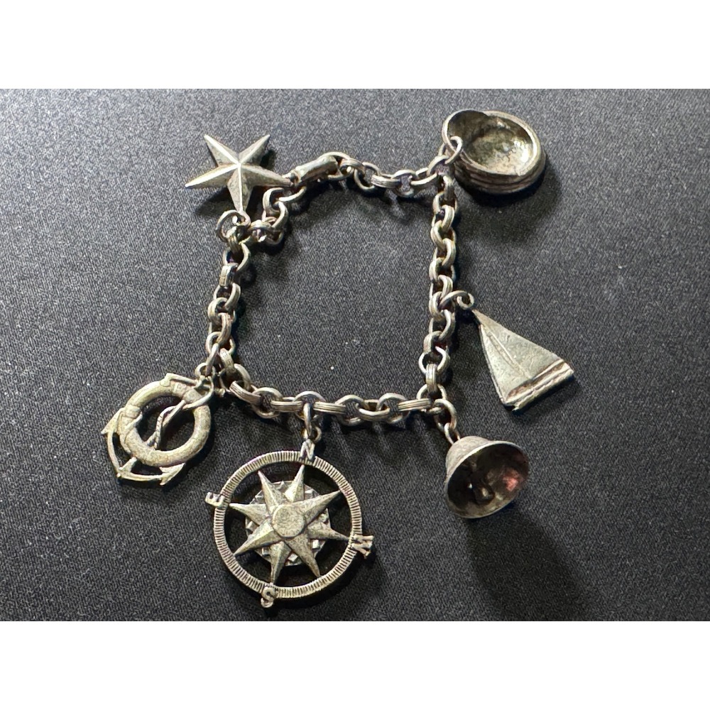 Vintage Coro Nautical Charm Bracelet Silver Tone Compass Anchor Sailboat 6.5in